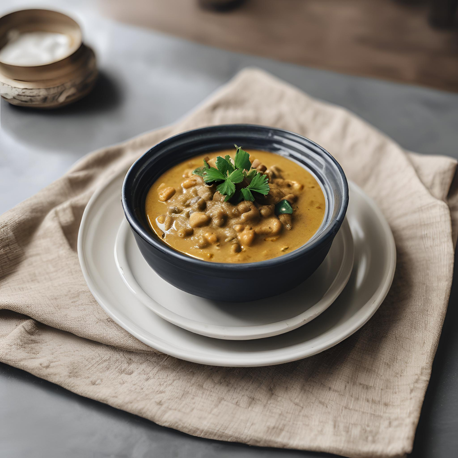 Ein Curry auf einer beige Farbenden Serivette